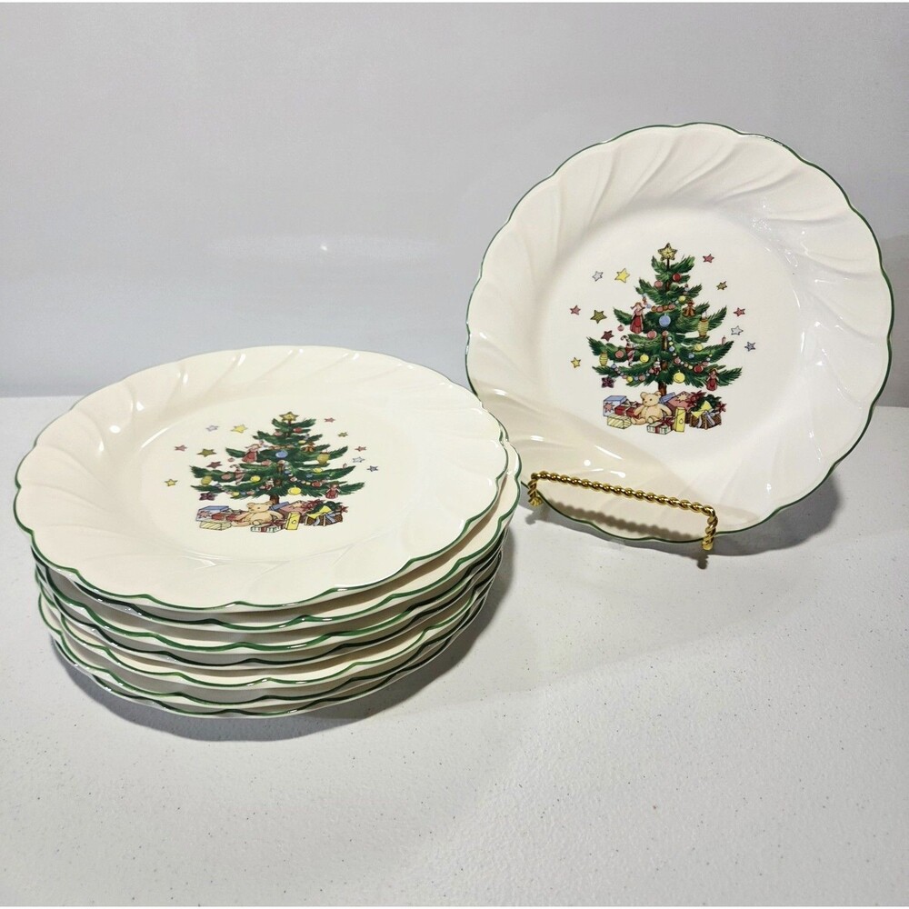 Nikko Happy Holidays Salad Plates 7 3/4" Christmas Tree Swirl Edge Set Of 8